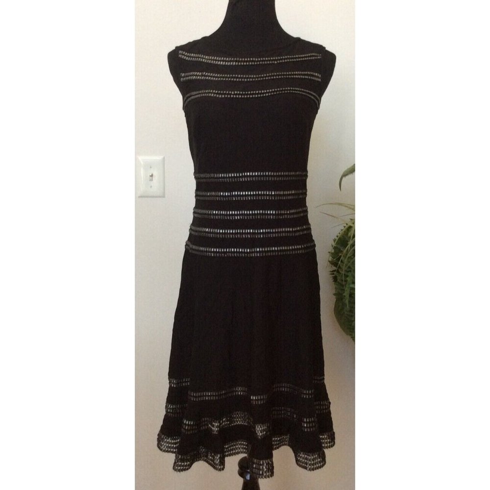 Tadashi Shoji Black Metallic Silver Stripes fit & Flare Dress Size M EUC!, $295